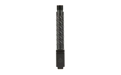 BALLISTIC BBL FOR GLK 19 TD SFLT BLK black vertical side view with spiral fluting and threaded end