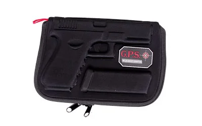 GPS Molded Case for Glock, black front view with molded pistol design, logo patch and zipper