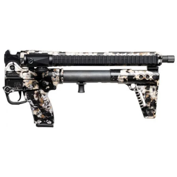 Kel-Tec Gen3 SUB2000 Defender, left-side view folded with white, brown and black camouflage finish