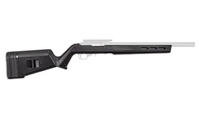 primary-17570 MAGPUL Hunter X-22 stock, black, right-side view with silver receiver and barrel