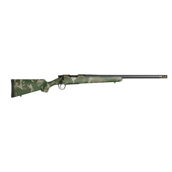 Christensen Arms Ridgeline FFT Rifle, side view with green camo stock and burnt bronze barrel