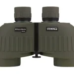 Steiner Military Marine Bino green binoculars in front view with ribbed body and focus caps