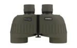 Steiner Military Marine Bino green binoculars in front view with ribbed body and focus caps