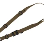 Magpul MS1 QDM sling, coyote brown with black hardware, laid open in a loop
