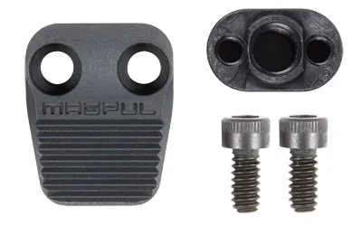 primary-17671 MAGPUL Enhanced AR Mag Release in black, shown with textured button, mounting plate and two screws