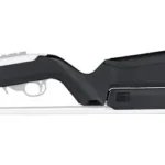 MAGPUL X22 Backpacker stock, black, right-side view with silver receiver and barrel sections