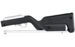 MAGPUL X22 Backpacker stock, black, right-side view with silver receiver and barrel sections