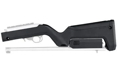 primary-17687 MAGPUL X22 Backpacker stock, black, right-side view with silver receiver and barrel sections