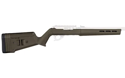 primary-17722 MAGPUL Hunter X-22 stock 10/22 TD ODG, side view with white receiver section and vented fore-end