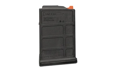 primary-17762 Magpul PMAG 10 SIG Cross magazine in black, angled side view with orange follower