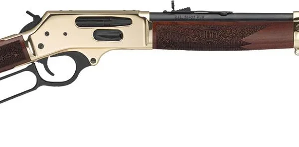 Henry H24 Signature rifle, right-side view with dark barrel, brass-tone receiver and brown wood stock