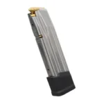 MAGPUL AMAG 21 SG9, angled view of silver magazine with black base and visible top round
