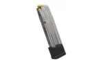 MAGPUL AMAG 21 SG9, angled view of silver magazine with black base and visible top round