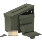 PMC Bronze Rifle Ammunition with green metal box, bandoleer and row of cartridges