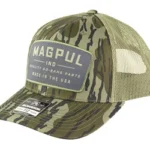Magpul Go Bang Trucker Hat, front view with green camouflage bill, mesh back and logo patch