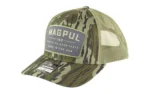 Magpul Go Bang Trucker Hat, front view with green camouflage bill, mesh back and logo patch