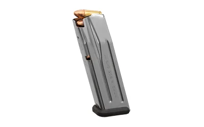 primary-17987 Magpul AMAG 15 SG9 SIG P320, angled view of gray metal magazine with visible copper-tipped rounds