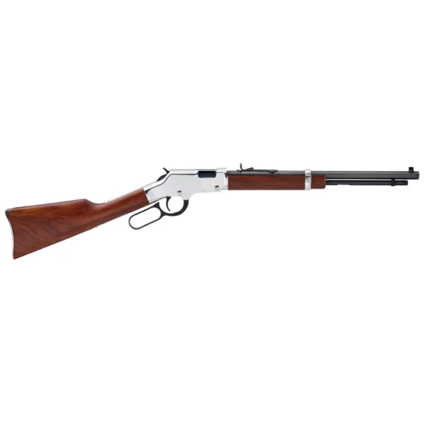 HENRY H4 GLDN BOY SLVR CMPT, right-side view with wood stock, silver receiver and black barrel