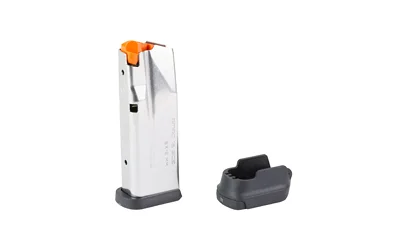 primary-17993 MAGPUL AMAG 12 SG9 9MM SIG P365 SST silver magazine front view with orange follower and black base