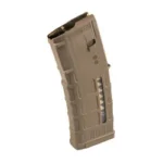 Magpul PMAG M3 coyote brown magazine, angled side view with window and textured body