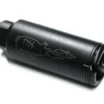 Noveske KX5 flash suppressor, black angled side view with flared front opening
