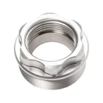 Noveske Hognut Silencer Adapter TI, silver angled top view with internal and external threads