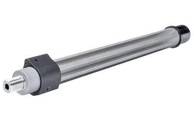 Noveske SPR Barrel silver angled side view with longitudinal fluting, gas block and black extension