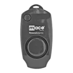 Mace Security International MSI PERSONAL ALARM, black front view with keychain loop and round button