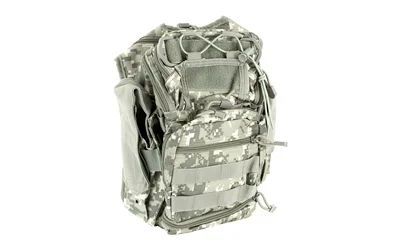 NCSTAR VISM FIRST RESP UTL BAG DGTL, digital camouflage front view with pockets and bungee cord