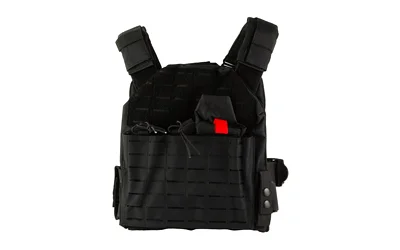 NCSTAR LSR PLATE CARRIER MED-2XL black carrier, front view with shoulder straps and webbing