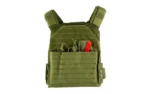 NCSTAR LSR PLATE CARRIER MED-2XL GRN green carrier, front view with MOLLE webbing and pouch