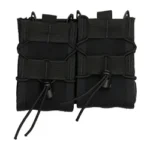 High Speed Gear HSGI DOUBLE RIFLE TACO MOLLE BLK, front view of two black pouches with shock cord