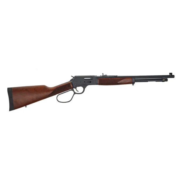 Henry Big Boy Steel rifle in left-side view with walnut stock, large loop and black barrel
