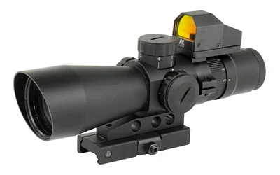 NCSTAR USS G2 P4 SNIPER 3-9X42 black scope, right-side view with mount and reflex sight