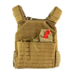 NcSTAR LSR Plate Carrier, tan front view with shoulder straps, MOLLE webbing and front pockets