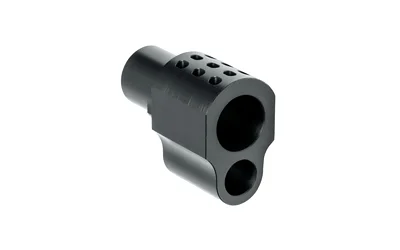primary-18347 GROVTEC G-COMP 1911 COMPENSATOR black, angled front view with round top ports and two openings