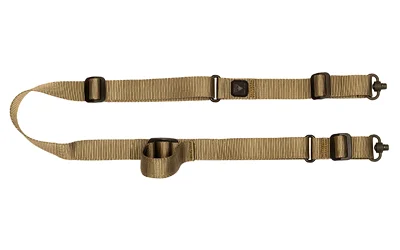 primary-18354 GROVTEC QS 2-PT SABRE SLNG tan web sling laid flat with black adjusters and metal hooks