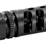 GROVTEC G-COMP black muzzle device, angled view with large side ports and threaded opening