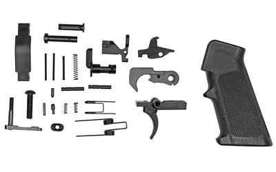 ODIN Enhanced LPK black lower parts kit arranged beside a textured pistol grip