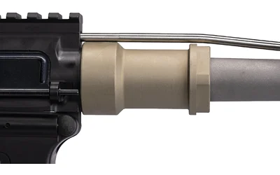 Q Honey Badger Barrel Nut tan barrel nut installed between black receiver and silver barrel, side view