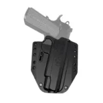 BRAVO BCA 1911 OWB BLK RH black holster, front view with gray handgun inserted and belt loops