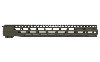 primary-18501 Grey Ghost Precision GGP AR15 olive drab handguard, side view with M-LOK slots and top rail