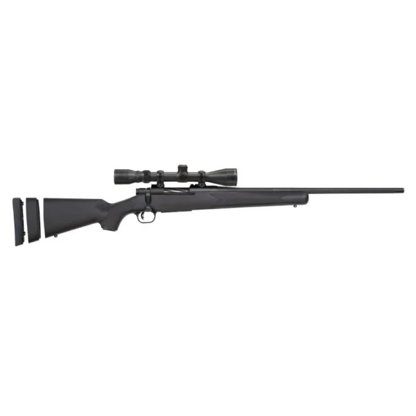 Mossberg Patriot Super Bantam Rifle, black right-side view with mounted scope and bolt action
