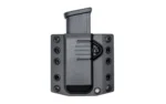 BRAVO SGL MAG PCH black front view with magazine, belt clip and mounting screws