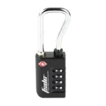 Firearm Safety Devices Corporation FSDC 4-DIAL TSA padlock, black front view with silver shackle