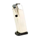 Shield S15 for GLK 43X nickel magazine, angled side view with black follower and baseplate