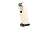 Shield S15 for GLK 43X nickel magazine, angled side view with black follower and baseplate