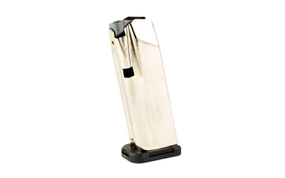 primary-18655 Shield S15 for GLK 43X nickel magazine, angled side view with black follower and baseplate