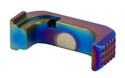 Shield Arms SHLD PREM MAG CTCH FOR GLK43X RH PEA, rainbow-finish angled view with textured button