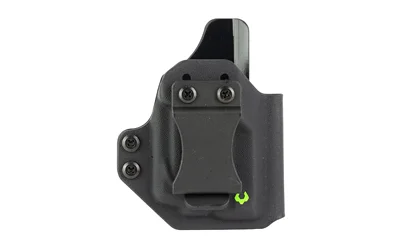 Viridian Holster IWB LCP Rug Max RH black holster, front view with belt clip and screws